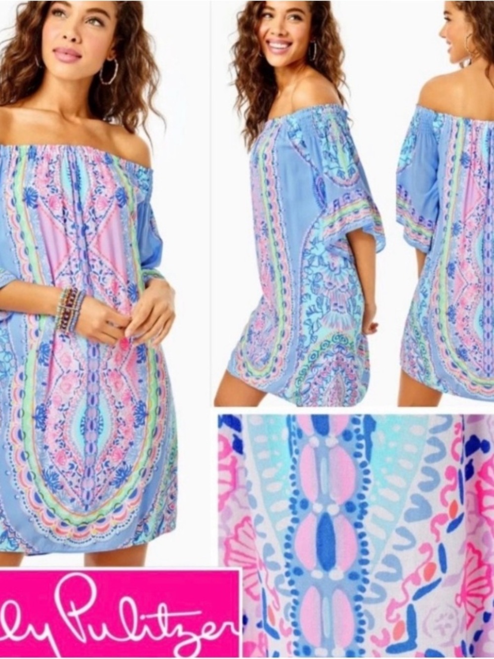 Lilly Pulitzer Blue & Pink Off-Shoulder Printed Tunic - Picture 3 of 5